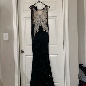 Silver and Black Sequin Halter Prom Dress
